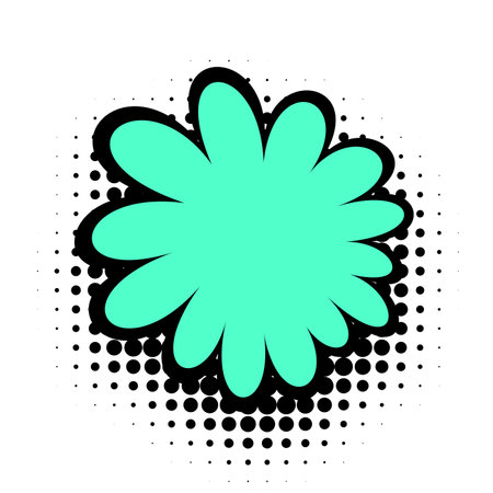 A vibrant neon green flower shape pops with a retro feel against a black halftone dotted background, capturing the essence of pop art style.のイラスト素材