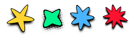 A vibrant set of star-shaped comic bursts in primary colors with halftone dot patterns, perfect for eye-catching graphics and dynamic expressions.のイラスト素材