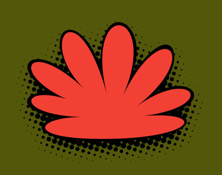 A vivid red graphic element inspired by a bloom, set against an olive green background with pop art halftone shading, offers a modern twist on floral designs.のイラスト素材