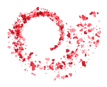 Red hearts in various shades and sizes create a circular formation, symbolizing endless love and the spirit of romance.のイラスト素材