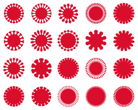 A vibrant array of red circular designs with various intricate edges, ideal for bold graphical projects.のイラスト素材