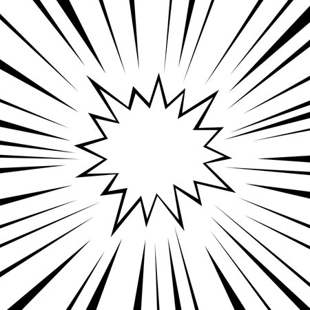 A central black starburst with radiating lines, creating a high-contrast effect against a stark white background, perfect for attention-grabbing visuals.のイラスト素材