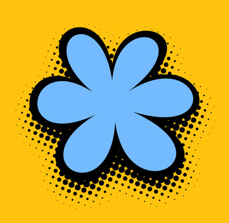 A classic pop art-inspired flower in blue with a stylized black outline and dotted shadow effect against a sunny yellow backdrop, creating a lively and retro visual.のイラスト素材