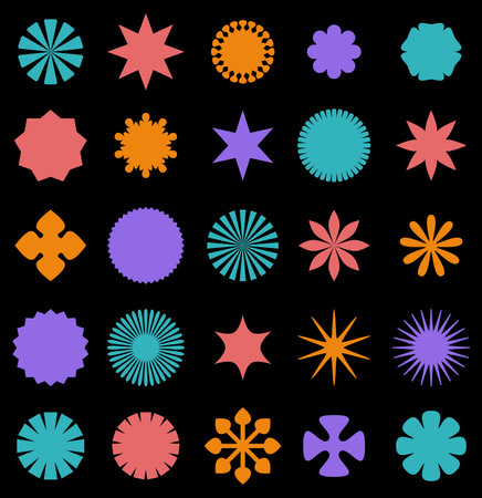 A dynamic collection of abstract shapes in neon glow colors set against a dark background, creating a striking contrast. Vector illustration.のイラスト素材