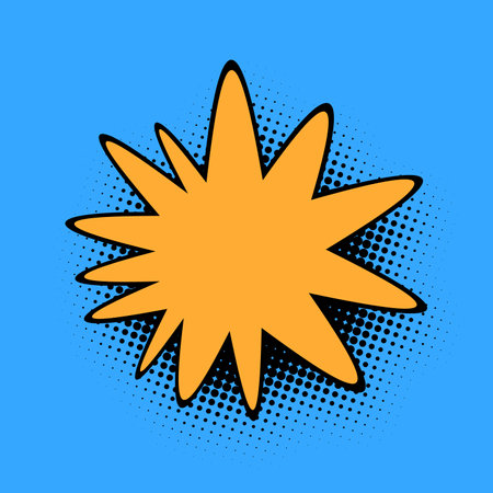 A square-format stock image with a dynamic yellow starburst at the center, outlined in black against a vivid blue pop art background, complete with halftone dots for a classic comic effect.のイラスト素材