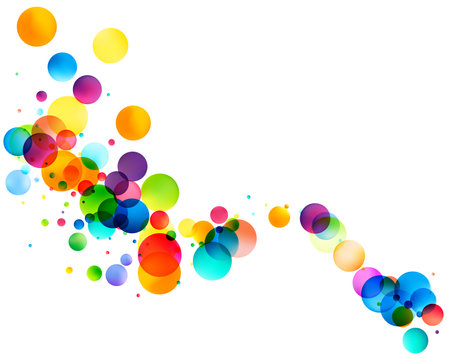 A dynamic array of translucent, multicolored bubbles soars across a white background, creating a lively and vibrant abstract scene.のイラスト素材