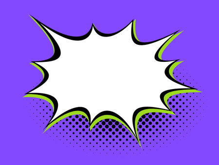 A white speech bubble with a vibrant purple backdrop, accentuated with green halftone shadows and bold spiky edges, perfect for lively graphic expressions.のイラスト素材