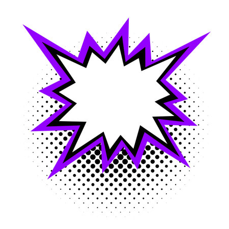A bold white starburst framed with a jagged purple and black outline, peppered with halftone dots against a subtle grey speckled backdrop, channeling a retro comic book flair.のイラスト素材