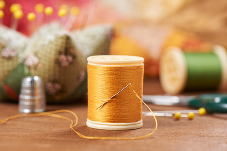 Spool of thread with needle on the background accessories for quiltingの写真素材
