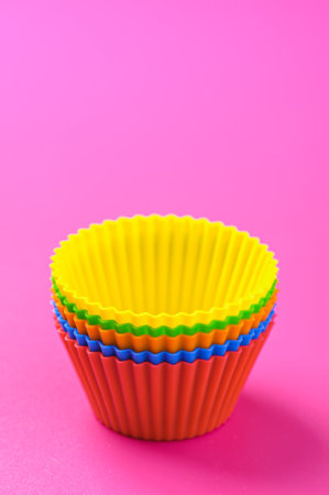 Bright colored silicone baking cupcakes and muffinsの写真素材