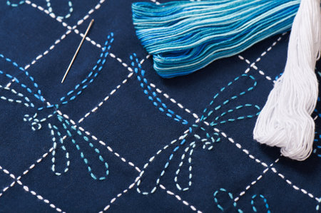 The traditional technique of Japanese embroidery is sashiko, dragonfliesの写真素材