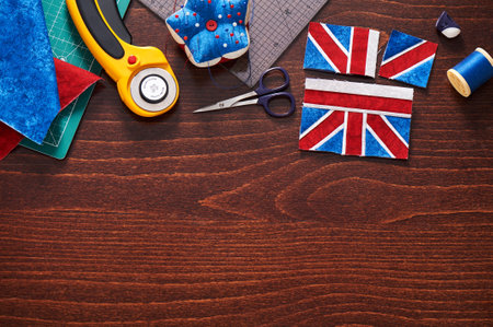 Parts of future pincushion viewing like union jack flag, sewing accessoriesの写真素材