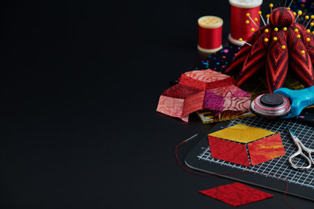 Preparing of diamond pieces of fabrics for sewing quilt, traditional patchwork, sewing and quilting...