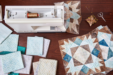 Sewing machine with patchwork block of quilt, top view