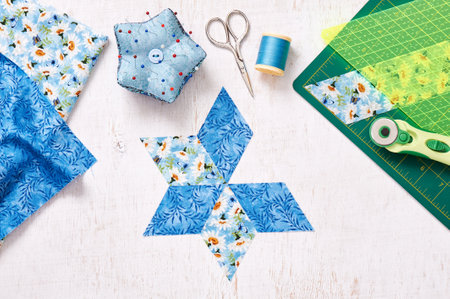 Prepare of diamond pieces of fabric for sewing quilt, top viewの写真素材