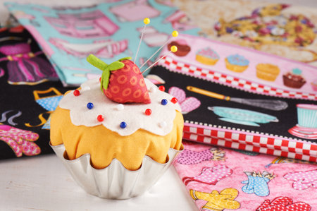 The patchwork pin cushion like a cupcake with strawberryの写真素材