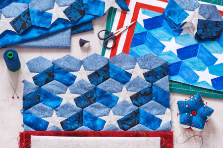 Sewing of quilt with stylized elements of American flag