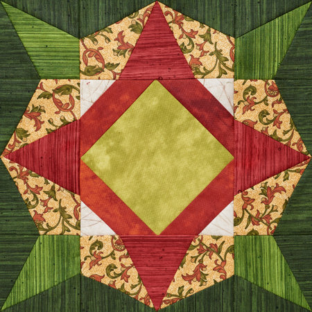 Bright orange-green geometric patchwork block from pieces of fabrics, detail of quilt
