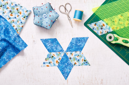 Prepare of diamond pieces of fabric for sewing quilt, top viewの写真素材