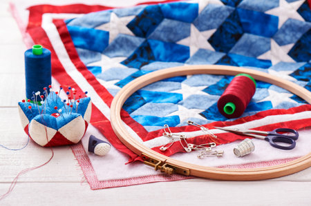 Quilt assembly with stylized elements of the American flagの写真素材