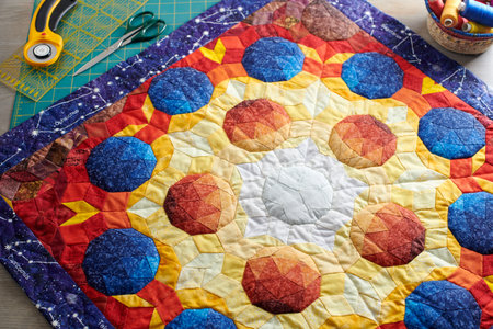 Mini quilt with the image of volumetric spheres, sewing and quilting accessories. letters with Capricornus means Capricornの写真素材