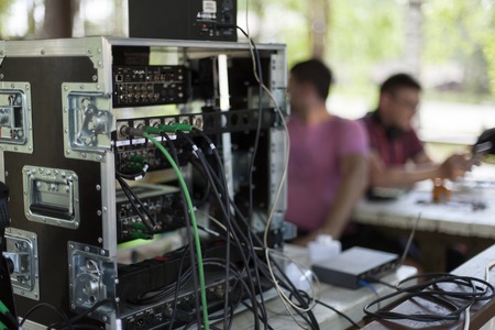 Wide shot of vision mixing panel in a television gallery.の写真素材