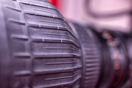 Camera lens close-up. Buttons and camera control toggle switch close-up.の写真素材