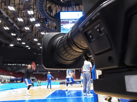tv camera before the broadcast of the basketball match.の写真素材