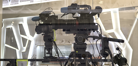 Professional digital video camera. cinematography in the pavilion.