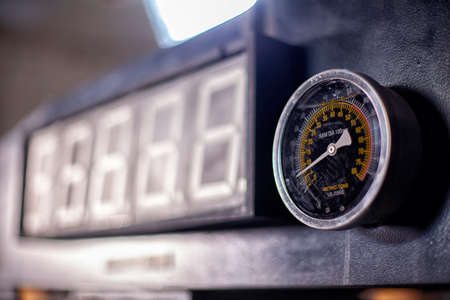 Manufacturing professional lathe machine. Industrial concept. Programmable modern digital lathe.の写真素材