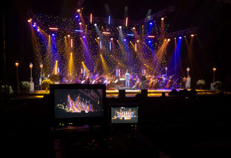 Theater lighting equipment used during the filming of a concert and TV showsの写真素材