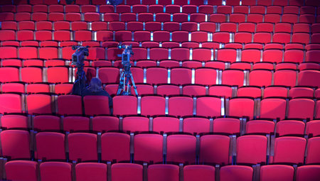 beautiful theater interior, soft armchairs in the auditorium, chandeliers in the foyer.の写真素材