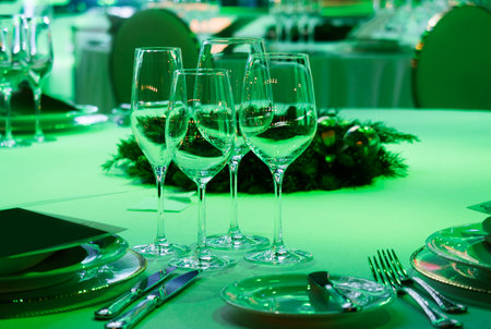 Close up picture of empty glasses in restaurant. Selective focus.の写真素材