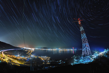 Strait of Messina Startrailsの写真素材