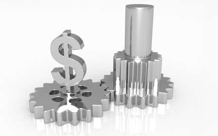 3D illustration of gears and dollar on white backgroundの写真素材