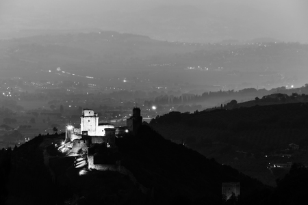Beautiful aerial view of Rocca Maggiore (Assisi) at sunset, withの写真素材