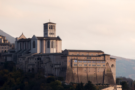 Close, side view of papal St. Francis church in Assisi, Umbria,の写真素材
