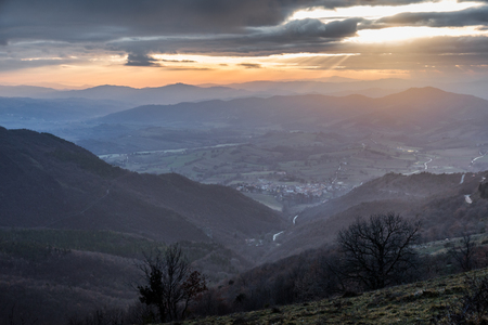 Sunrays coming over a valley in Umbria (Italy) with some plants in the foreground