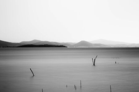Beautiful long exposure view of Trasimeno Lake (Umbria, Italy), with still water and branchesの写真素材