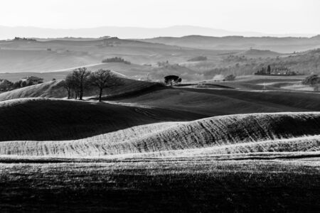 Beautiful Tuscany landscape in spring time with wave hills and isolated trees and farmhouses. Tuscany, Italy, Europeの写真素材