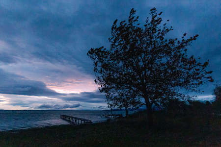 View of a pier on a lake at dusk, beneath a dramatic, moody sky, with a big tree shaken by wind in...