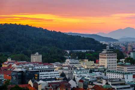 Landscape of the Slovenian capital Ljubljana at sunset; Slovenia, Europe.の写真素材