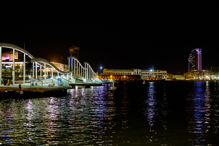 A night view of Rambla de Mar in Barcelona, Spainのeditorial素材