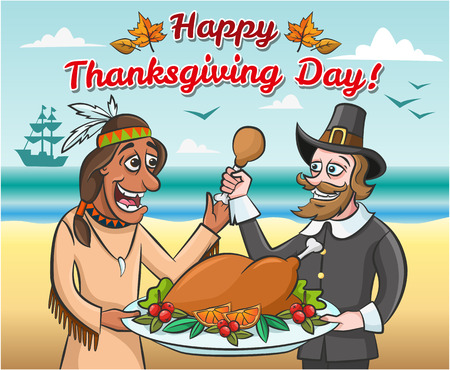 Thanksgiving day illustration. Pilgrim and a native american with a roast turkey.のイラスト素材