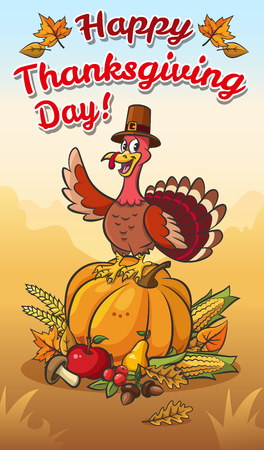 Thanksgiving day illustration.Turkey in pilgrim hat on pumpkin with vegetables and fruits.のイラスト素材