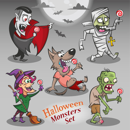 halloween monsters with moon and batsのイラスト素材