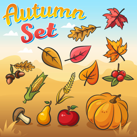Vector autumn set with autumn leaves, vegetables and fruits against the background of a beautiful autumn landscapeのイラスト素材
