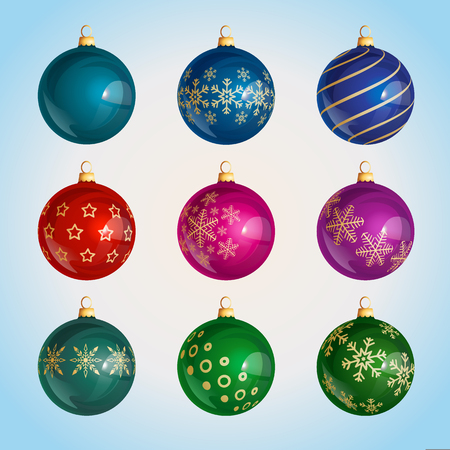 celebration set of isolated colorful glass christmas balls with christmas ornamentのイラスト素材
