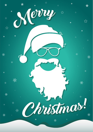 merry christmas greeting card with white silhouette of santa claus hat, glasses, beard and congratulatory text on the winter background with white stars and snowflakesのイラスト素材