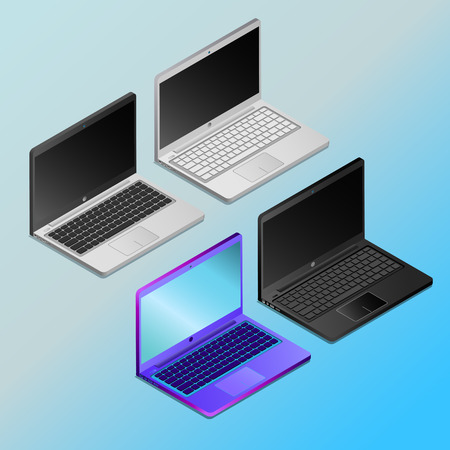 Vector illustration of a colored realistic laptops in isometry with empty screensのイラスト素材